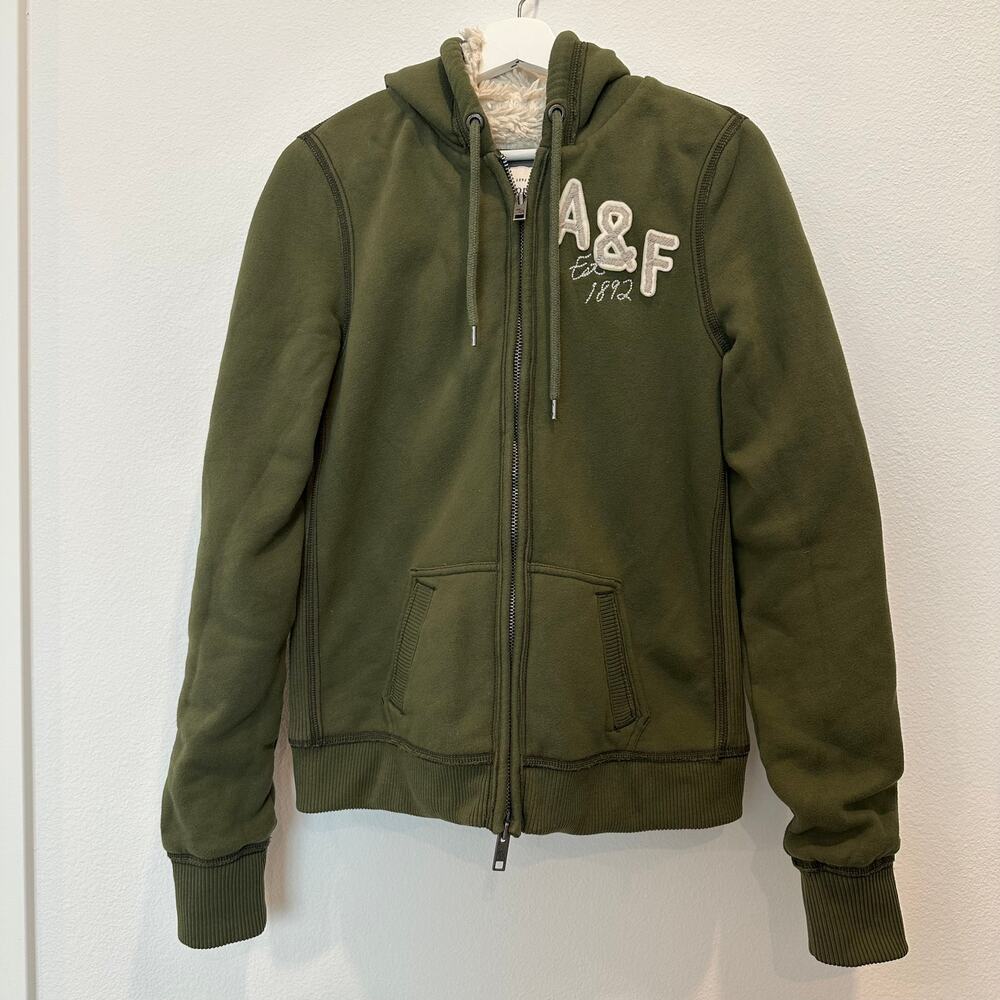 Abercrombie & Fitch olive green y2k embroidered logo faux fur hoodie jacket